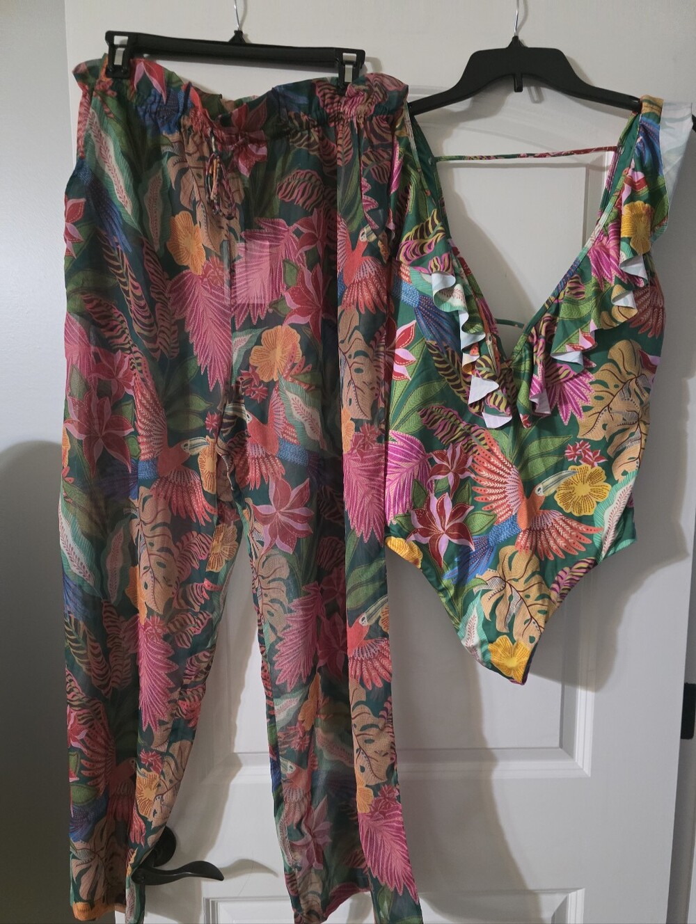 Gibson Latimer Junhle Print Swim Suit W Matching Coverup in Pink, Green, Yellow